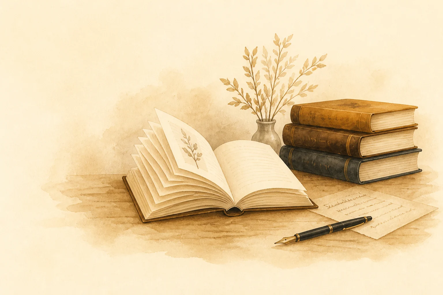 Waterverfillustratie van een open boek, antieke boeken en een vulpen